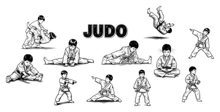 Set of children practicing judo martial arts in different poses and positions with text label