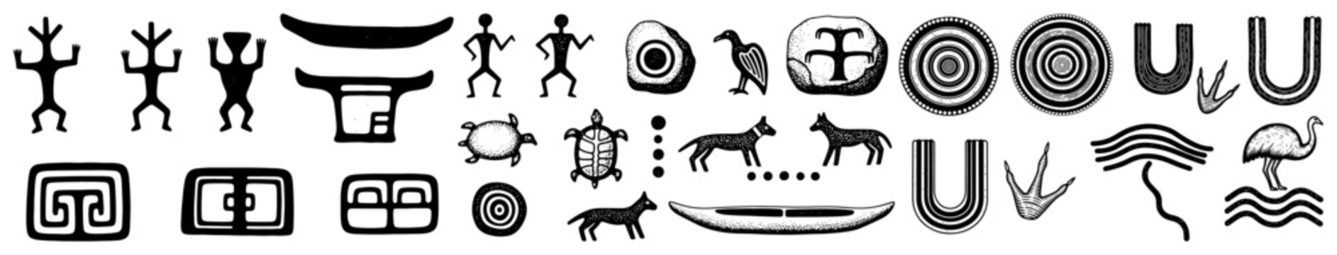 Ancient cave painting style symbols featuring human figures animals and primitive tribal rock art elements