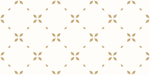 Luxury golden minimal floral geometric seamless pattern. Simple vector abstract background with flowers, leaves, diamonds, grid. Gold minimalist royal texture. Elegant repeated design for decor, print