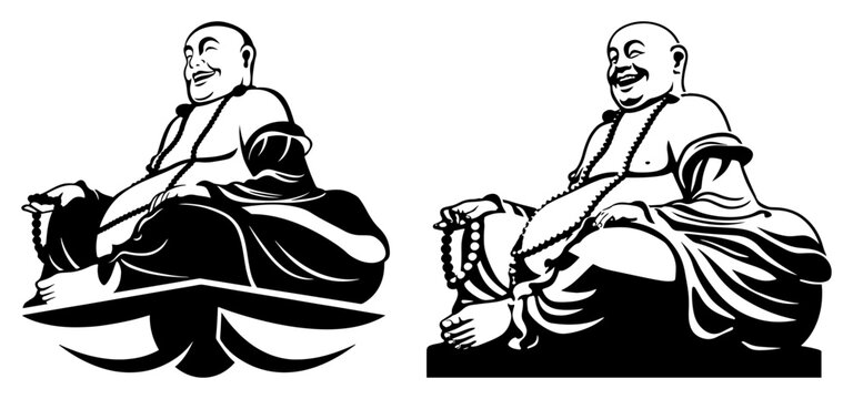 Laughing Buddha statue illustration holding prayer beads in two different graphic styles