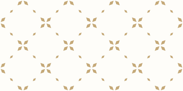 Luxury golden minimal floral geometric seamless pattern. Simple vector abstract background with flowers, leaves, diamonds, grid. Gold minimalist royal texture. Elegant repeated design for decor, print