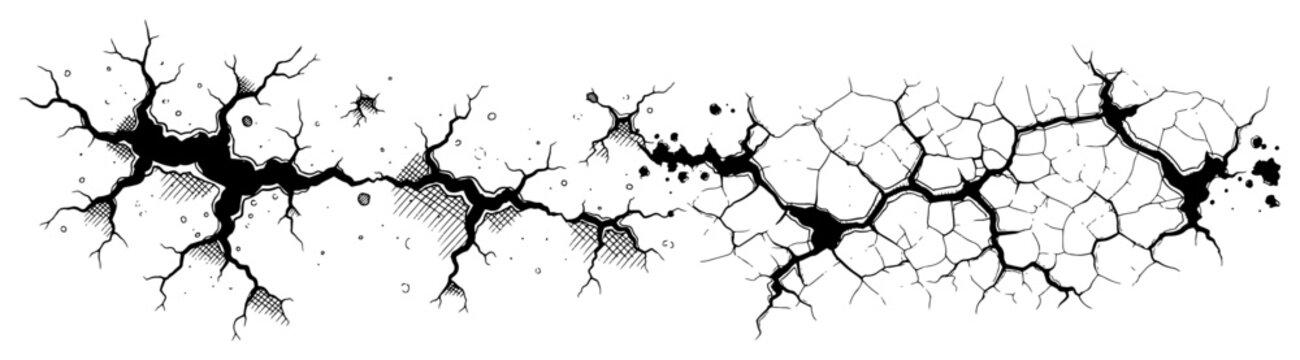 Detailed horizontal surface cracks and ground fissures in hand drawn ink engraving style