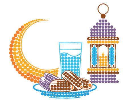 Ramadan iftar elements vector illustration with crescent moon dates water glass and traditional lantern fanous design dots style graphics