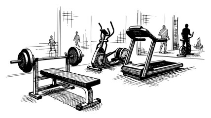 Interior of modern gym facility with exercise equipment and fitness machines in hand drawn sketch style