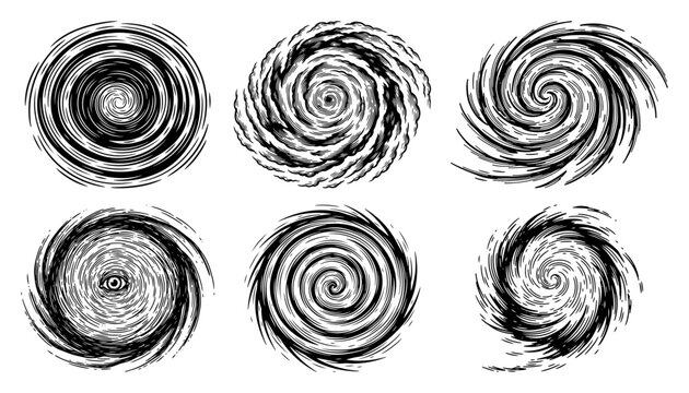 Set of different circular vortex designs and whirlpool symbols in engraving style