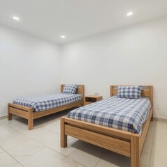 Two neatly made beds with wooden frames in a minimalist bedroom setting.