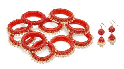 Assorted red bangles and earrings set displayed on a white background