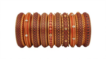A collection of intricately designed bangles in various shades of brown