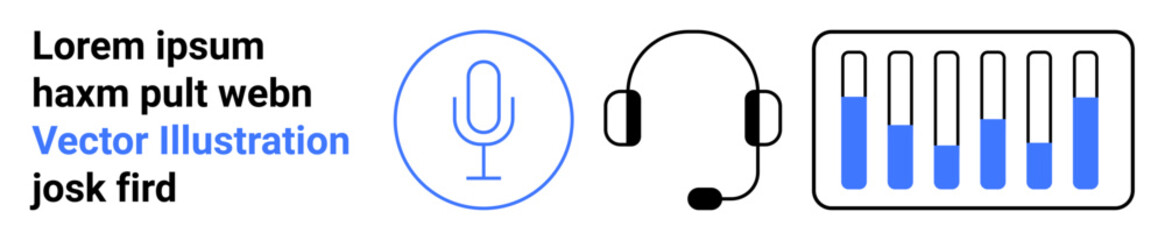 Obraz premium Microphone, headset, and sound equalizer with sound levels. Ideal for audio recording, podcasting, media production, communication, sound editing, customer support simple landing page