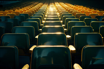 Fototapeta premium A row of chairs are lined up in a theater. soccer, football