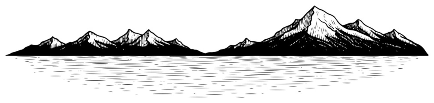 Hand drawn mountain range landscape reflected in water in vintage engraving style