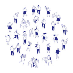 Fototapeta premium Isometric business and office illustration set with employees, communication, teamwork, and success concepts. Clean line art for corporate, startup, and professional visuals.