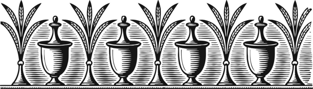 Decorative vintage border with urns and stylized foliage in black and white engraving