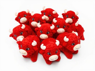 A delightful collection of red teddy bears with white faces and black eyes.