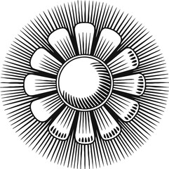 Black and white sunburst design with radiant rays and circular floral pattern in vintage