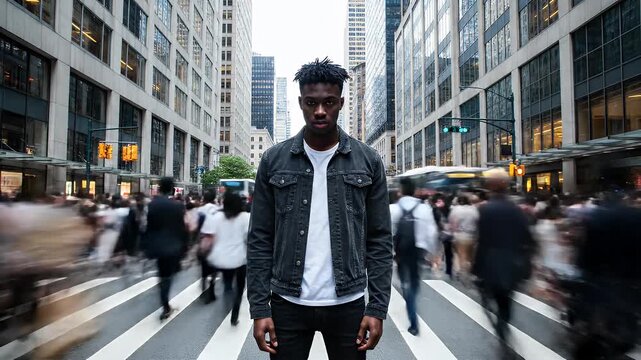 Lonely Man in Crowded City Street - A young Black man stands still on a zebra crossing in the middle of a crowded street with a timelapse effect, conveying a sense of isolation.