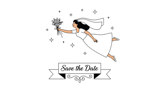 Elegant Save the Date card design with a bride in a white dress flying through the air while holding a bouquet of flowers.