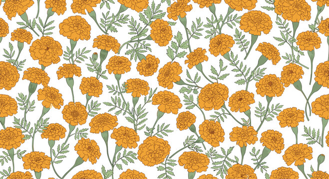 Seamless floral pattern featuring dense clusters of bright orange marigold flowers and green leaves on a white background.