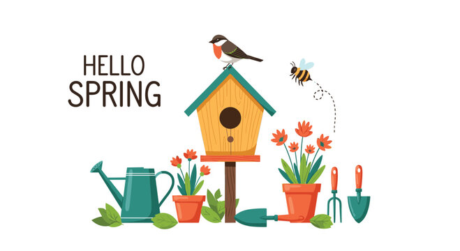 Vibrant spring illustration featuring a wooden birdhouse, a colorful bird, a buzzing bee, garden tools, and blooming flowers with hello spring text.