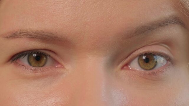 Closeup Caucasian Woman Eyes Study Showing Subtle Eyebrow Movement, Shifting Gaze, Brief Squint, Varied Stare, Natural Skin Texture, Acting, Facial Dynamics, Expressions Eye Motion. Facial Movements