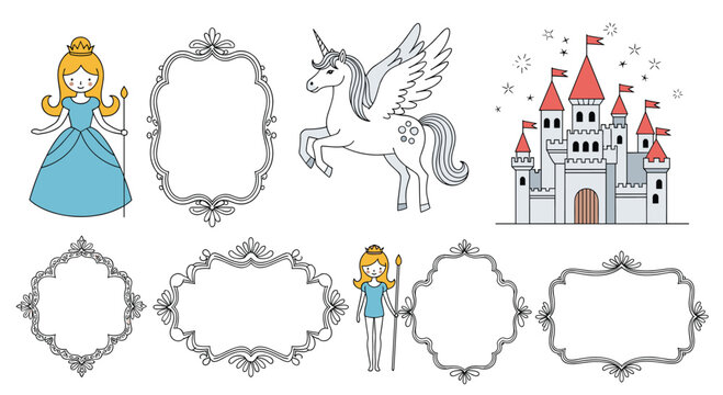 Enchanting fairy tale set including a beautiful princess, a majestic castle, a winged unicorn, and various decorative ornate frames for girls.