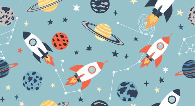Dynamic space themed seamless pattern featuring rockets, various planets, and constellations on a blue background for boys nursery decor.