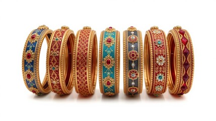 A collection of intricately designed bangles showcasing vibrant colors and detailed patterns