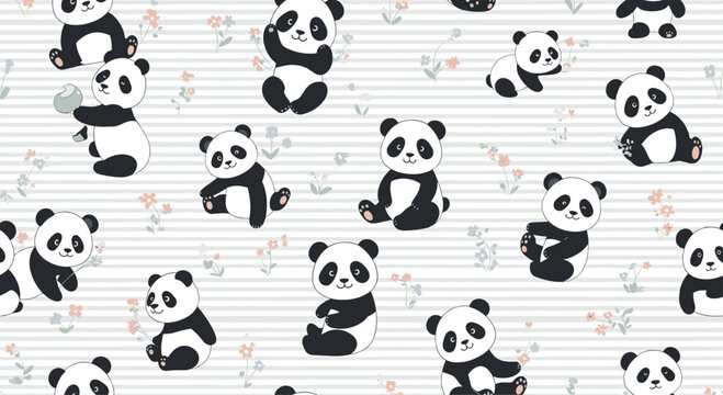 Playful seamless pattern with cute panda bears sitting and playing on a light grey horizontal striped background with tiny flowers for kids.