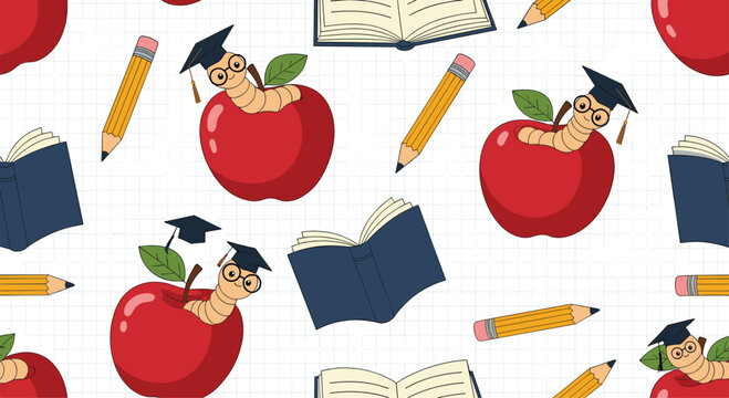 Fun school themed seamless pattern featuring red apples with cute worms in graduation caps, pencils, and open books on a grid background.