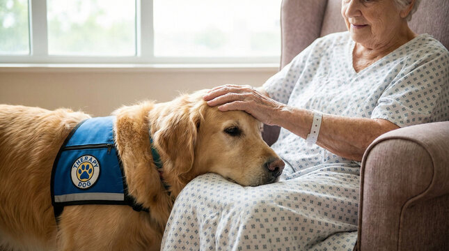 Therapy dog resting its head on an elderly patient's lap while receiving affection in a care setting