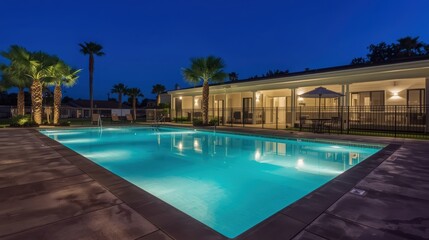 Fototapeta premium A serene evening by the poolside with palm trees and a well-lit house in the background