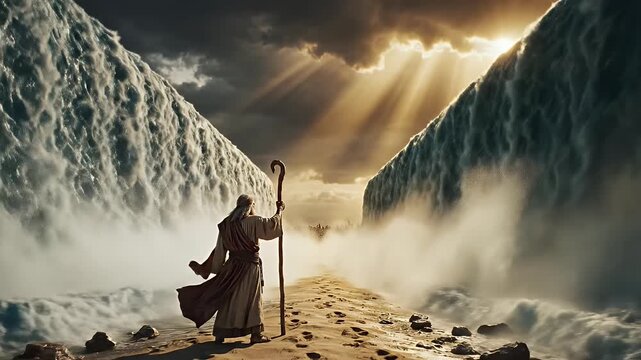 Moses Parting the Sea - An illustration depicting Moses parting the Red Sea, standing with his staff raised as people walk through the parted waters.