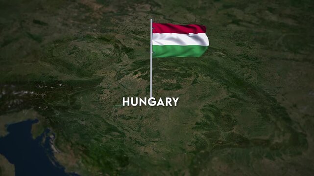 The Flag of Hungary on the World Map, the Hungary  flag waving on the 3d map animation 4K