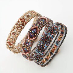 Intricate beaded bracelets showcasing vibrant colors and detailed patterns