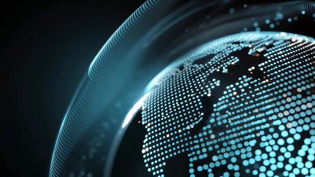 Abstract digital globe with glowing blue dots forming global data network and futuristic technology concept