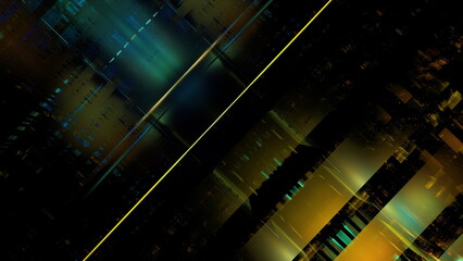 This scene displays an array of lines and shapes in various colors placed against a dark background with different levels of brightness and patterns. 3d render