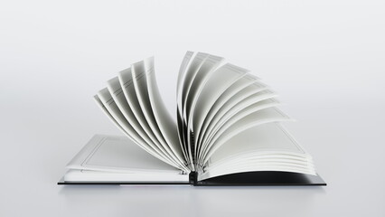 book is lying on a flat surface with its pages turned, revealing blank sheets inside. setting is minimal, focusing on the open book and its layout. 3d render