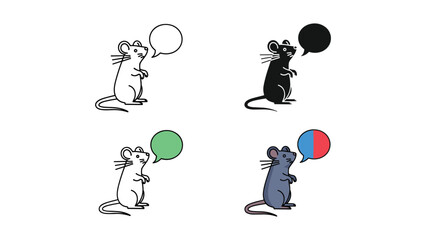 Four stylized mice in speech bubbles: outline, silhouette, green and blue/red.