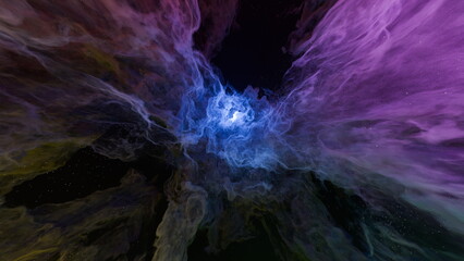 Fototapeta premium gas cloud forms a colorful pattern in space. Bright blue light shines at the center while purple and yellow hues swirl around in the dark night sky. 3d render