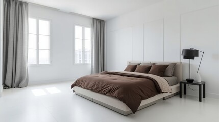 Minimalist bedroom with large windows and a neatly made bed