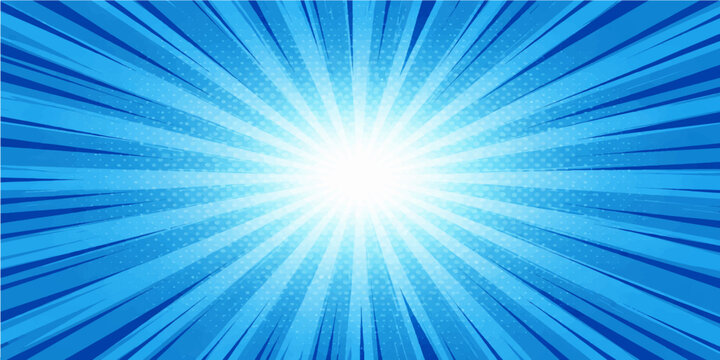 A bright blue abstract vector illustration featuring a sunburst pattern of glowing rays and light beams exploding across a starburst sky background design