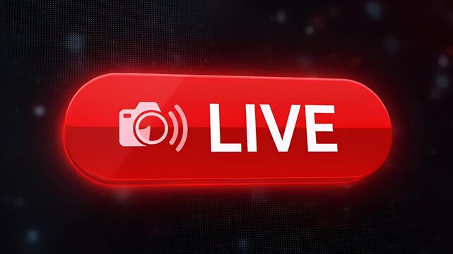 Red Live Stream Broadcast Button - A shiny red button with a camera icon and the word "LIVE" in white indicates a live stream or broadcast. The background is a dark, slightly blurred screen.
