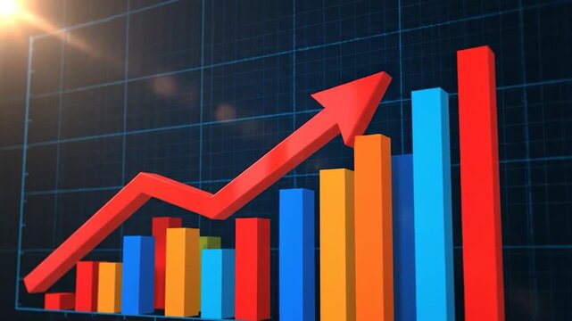 A 3D graph with red arrow indicating growth over colorful columns against dark blue background