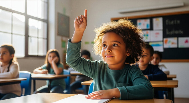 Child with curly hair raises hand in classroom, eager to participate in learning