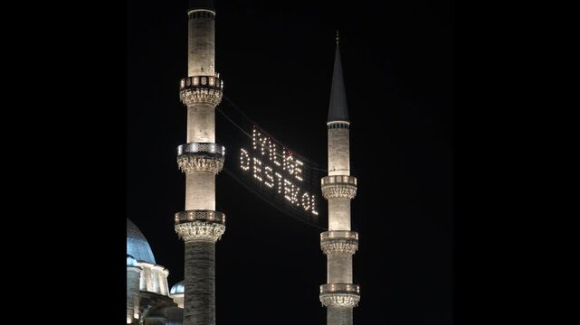 Ramadan Month Suleymaniye Mosque, Illuminated Letters Between Minarets (Mahya), Ramadan Background Drone Video, Suleymaniye Fatih, Istanbul Turkiye (Turkey)