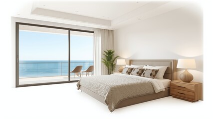 A serene bedroom with a view of the ocean and a large window.