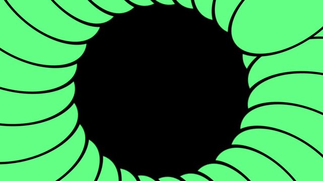 A vibrant green spiral pattern enveloping a central black hole