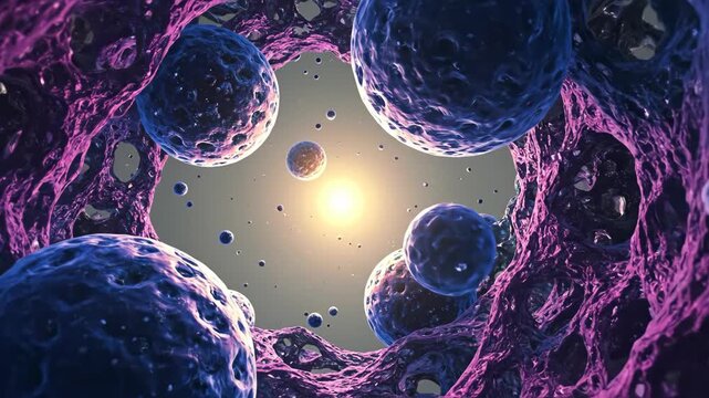 A surreal view of cells with vibrant colors and intriguing depth.