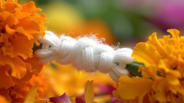 Close up on a white braided cord tied between bright orange marigolds outdoors with soft green blurred background and warm natural sunlight creating a festive floral arrangement