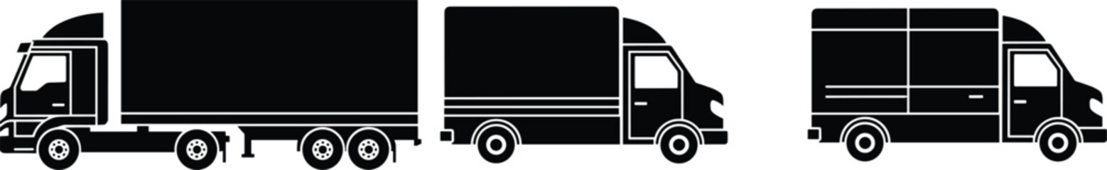 Silhouette of Semi-Trailer Truck, Box Truck, and Delivery Van, Commercial Vehicle Illustration for Logistics, Freight Transport, and Urban Delivery © Yeasrin